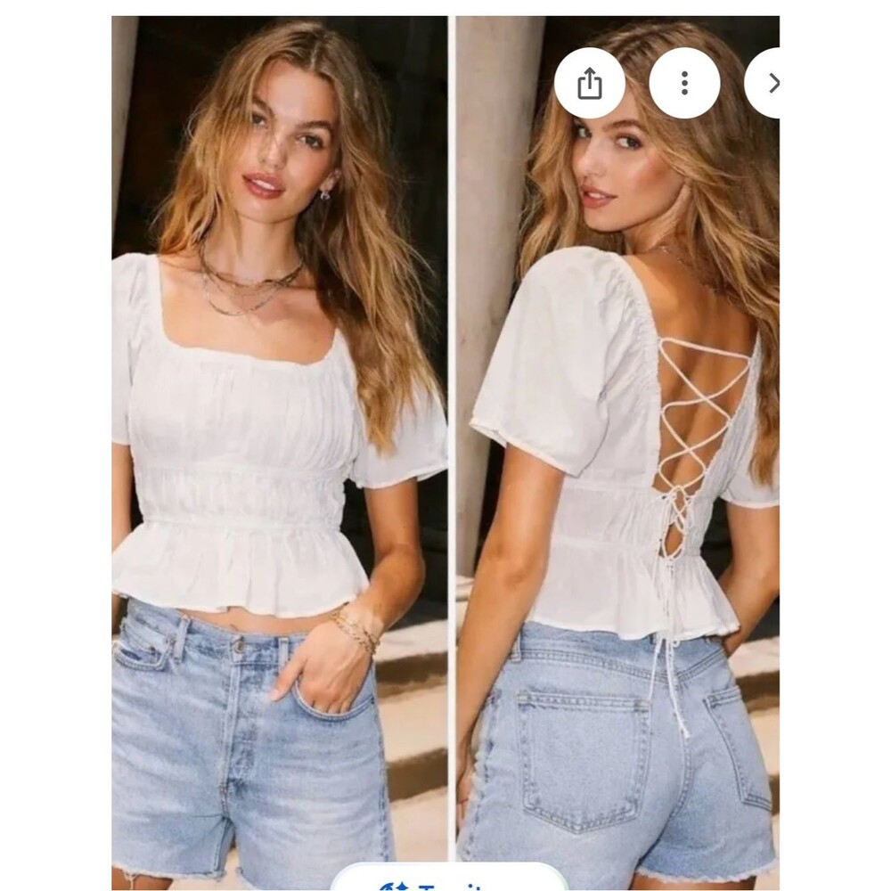 Free People Phoebe Smocked White Lace-Up Square Neck Peplum Top
